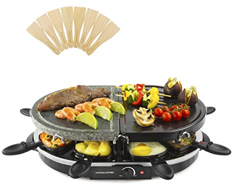 Andrew James Raclette, Half Stone Half Traditional Non-Stick Hot Plate, Includes 8 Pans and Spatulas, 1200W,