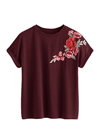 Romwe Women's Floral Embroidery Cuffed Short Sleeve Casual Tees T-Shirt Tops