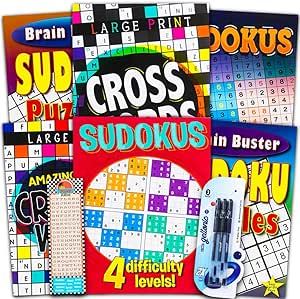 Sudoku Crossword Puzzle Books for Adults Seniors Super Set ~ Bundle of 6 Jumbo Crossword and Sudoku Puzzle Books Plus Pens and Bookmark (Over 550 Puzzles Total)