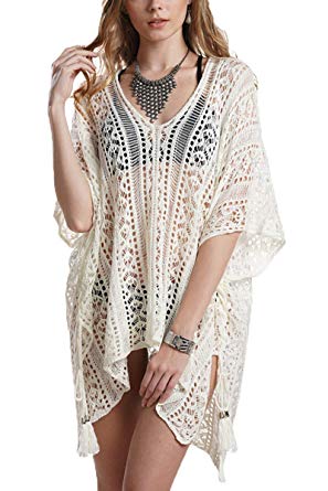 Infinilla Swimsuit Cover Ups for Women Bathing Suit Swimwear Bikini Cover Crochet Beach Dress with Tassels Off White