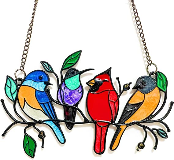 Smays Birds Suncatcher Window Hanging Decor - Cardinal Hummingbird Dove Blue Jay on Branch with Metal Chain (Double-Side Colorful Painted)