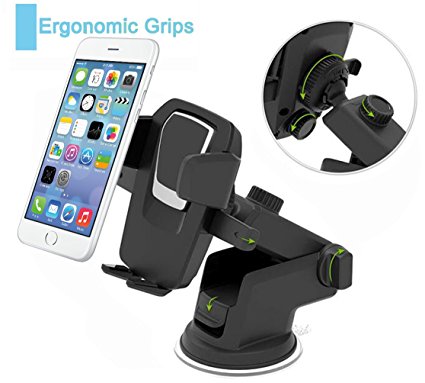 Car Phone Mount,Horsky Car Mount iphone Holder One Touch Cradle Stand PU Sucker with Stretchable Arm Dashboard Three Side Grips for iPhone 7/6s/Plus S6/S7 Edge Black