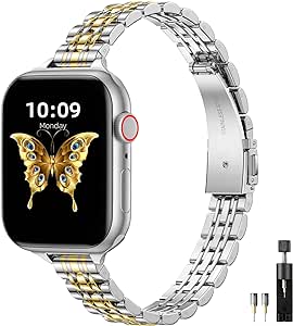 Maledan Metal Straps Compatible with Apple Watch Strap 40mm 41mm 38mm for Women/Men, Adjustable Stainless Steel Replacement Band for iWatch Series 9 8 7 6 5 4 3 2 1 SE 2/1 Ultra 2/1, Silver/Gold