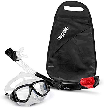 PRODIVE Premium Dry Top Snorkel Set - Impact Resistant Tempered Glass Diving Mask Watertight and Anti-Fog Lens for Best Vision Easy Adjustable Strap Waterproof Gear Bag Included