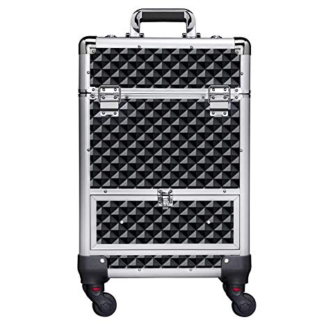 Yaheetech 360-Degree Aluminum Rotating Castors Cosmetic Case Trolley Rolling Makeup Train Case Barber Salon Lockable Travel Case, with Sliding Drawers,Removable Dividers Black