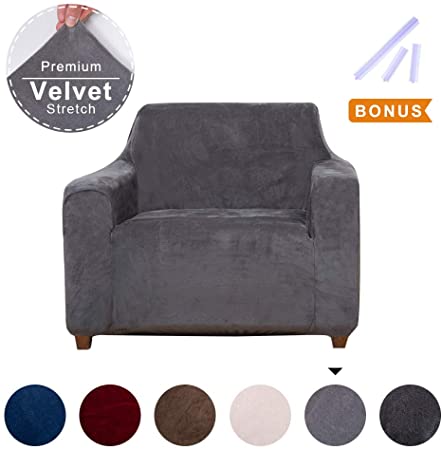 ACOMOPACK Premium Velvet Sofa Cover for Chair Cushion Couch, High-Stretch Couch Cover Chair for Living Room Slipcovers and Furniture, Chair Cover Protector with Side Pocket (Gray)