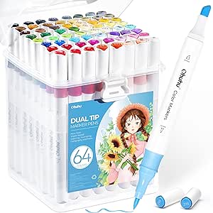 64 Colors Ohuhu Markers Water-Based Double Tipped Chisel & Brush Art Markers for Adult Coloring Calligraphy Sketching Bullet Journal, 1 Colorless Blender Kids Pen Gift