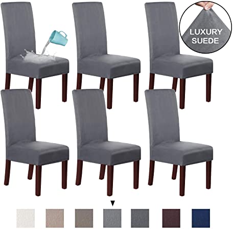 H.VERSAILTEX Suede Dining Room Chair Covers Dining Chair Slipcover Parsons Chair Slipcover Velvet Chair Covers for Dining Room Set of 6, Soft Stretch Removable High Back Chair Protector, Steel Gray