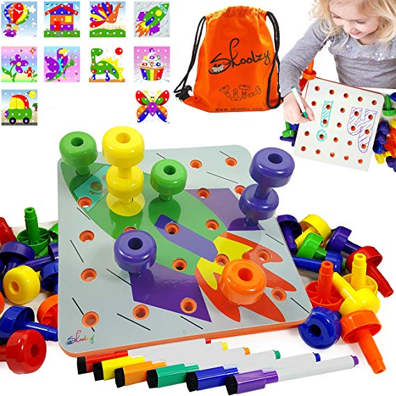 Skoolzy Toddler Educational Toys - Peg Puzzles Toddler Toys for Kids Ages 1yr - 4yr. Stacking Pegboard Creative Art for 1, 2, 3, 4 Year Old Boys or Girls | 45pc Peg Board, Pens Cards