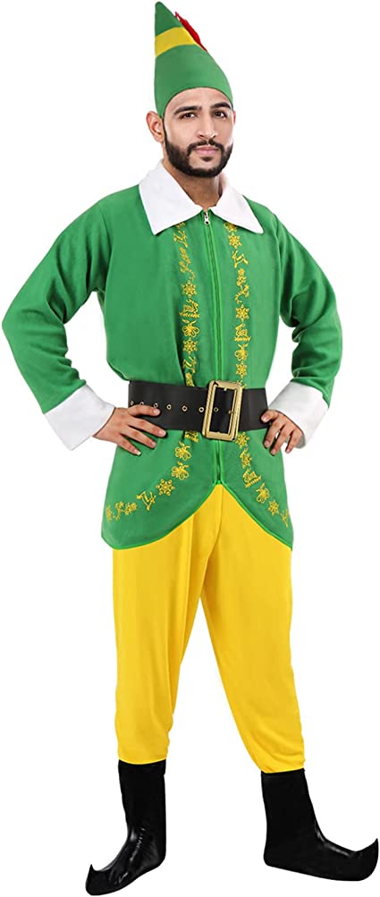 Buddy the Elf Costume Adult Christmas Elf Costume Men Outfits for Halloween Party Holiday