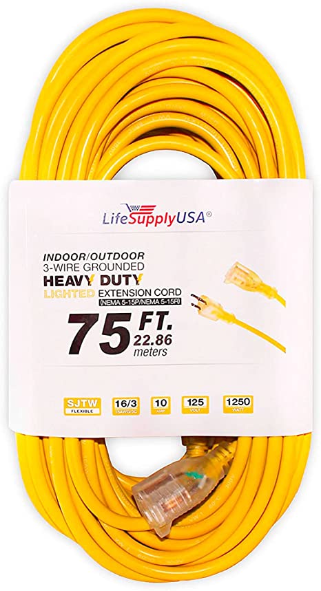 75 ft Extension Cord 16/3 SJTW with Lighted end - Yellow - Indoor / Outdoor Heavy Duty Extra Durability 10 AMP 125 Volts 1250 Watts by LifeSupplyUSA