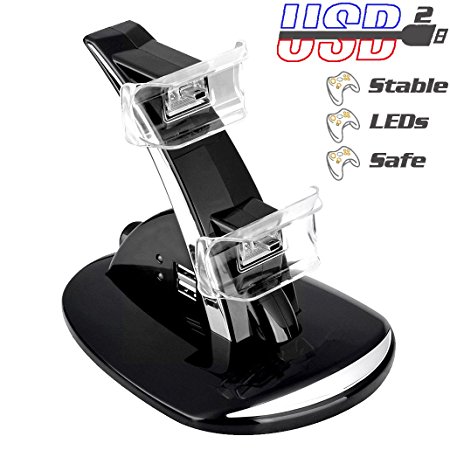 PS3 Controller Charger Dock Dual USB Charging Station Hub,LED Status Indicator,with USB Cable,Chrome Edging,Glass Black