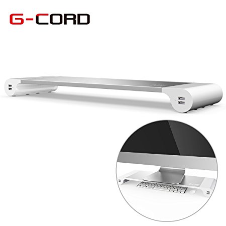 G-Cord Aluminum Monitor Stand Space Bar with Keyboard Storage for Laptop MacBook and More (4 USB Ports)