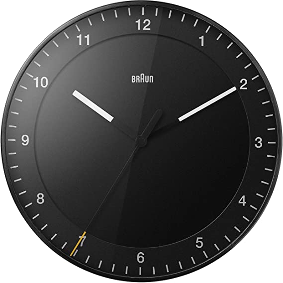 Braun Classic Large Analogue Wall Clock with Silent Sweep Movement, Easy to Read, 30cm Diameter in Black, Model BC17B.