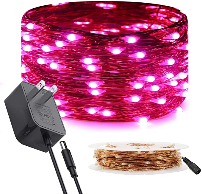 RUICHEN Fairy Lights Plug in, 33 Ft 100 LED Starry String Lights with Spool, Waterproof Copper Wire Decorative Lights for Christmas, Valentine's Day, Girls Room, Wedding, Party (Pink)