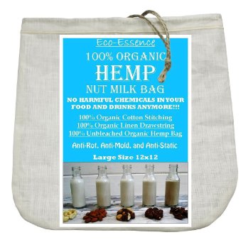 Organic Hemp Nut Milk Bag - Extra Large 12"x12" - Reusable All Purpose Strainer Bag - 100% Natural, No Harmful Chemicals - Free E Book of Nut Milk Recipes and Tips...