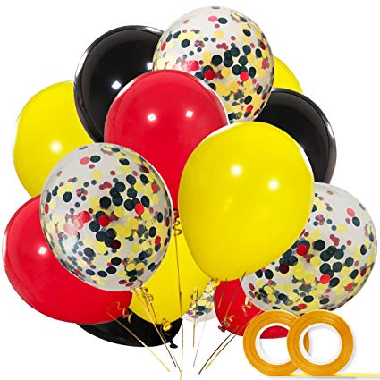 Mickey Color Balloons 40 Pack, 12 Inch Red Black Yellow Latex Balloons with Confetti Balloon for Baby Shower Birthday Party Decorations Supplies with Ribbon