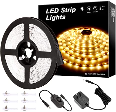 MH 5M Dimmable LED Strip Lights Kits, 12V Tape Light, 300 2835 LED, 16.4ft 3000K Warm White Ribbon with Power Adapter, Light Strips for Under Bed, Vanity Mirror, Cabinet, Kitchen, Non-Waterproof