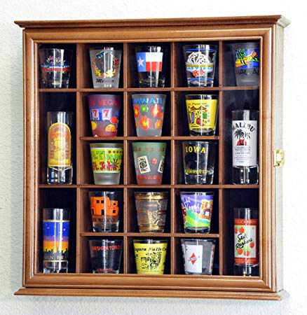 21 Shot Glass Shotglass Shooter Display Case Holder Cabinet Wall Rack 98% UV Lockable -Walnut