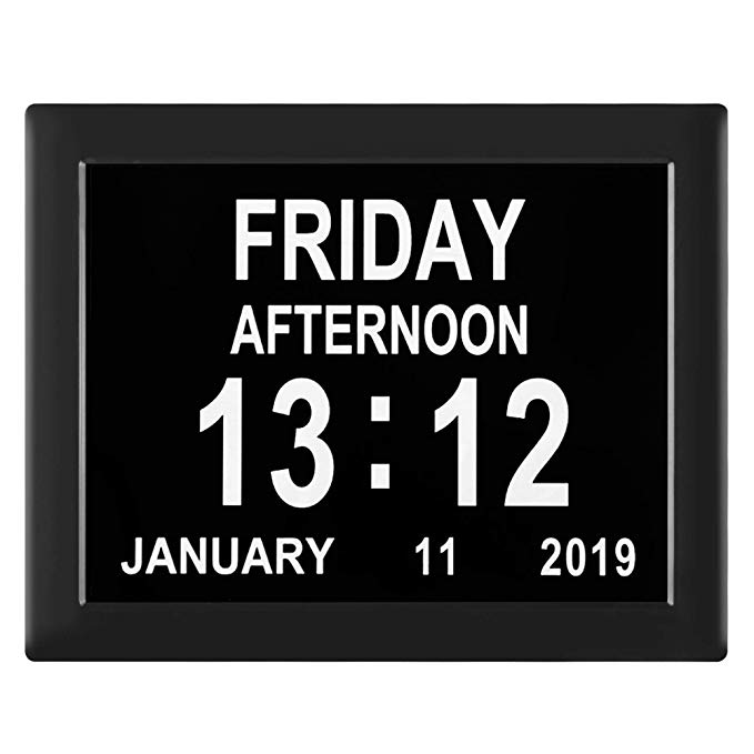 [Newest Version] Dementia Clock Digital Calendar Clock - 8 Alarm Options,Extra Large Non-Abbreviated Day & Month for Vision Impaired, Alzheimer,Elderly, Memory Loss (Black)