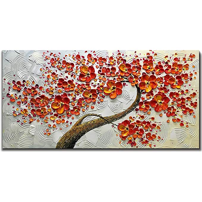 Asdam Art 100% Hand Painted 3D Paintings On Canvas Ready to Hang White and Red Flower Oil Paintings Abstract Modern Artwork Tree Wall Art for Living Room Bedroom (24X48 inch)