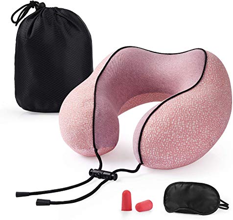 EKKONG Travel Pillow, 100% Memory Foam Neck Pillow, Comfortable & Breathable & Soft, All Cotton Case Cover, U-Shaped Adjustable Airplane Car Kit with Sleep Mask, Ear Plugs (Pink)