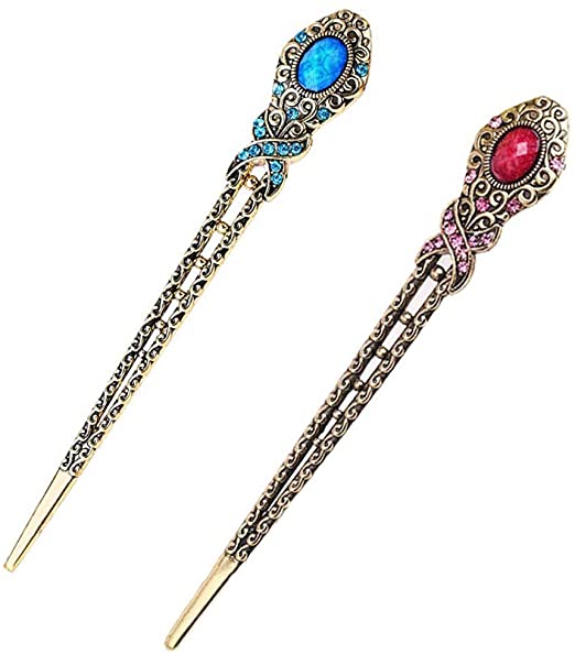 Antique Bronze Diamond Butterfly Hairpins Hair Sticks 2 Pcs (Blue and Purple)