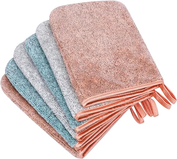 PHOGARY 6 Pack Microfiber Body Wash Mitts, 6×8 Inch Super Absorbent & Soft Face Mitten, Coral Fleece Bath Spa Cloth, Reusable Makeup Remover Mitt Gloves, 3 Colors