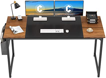 Cubiker Computer Home Office Desk 55" Study Writing Table for Home Office, Modern Simple Style PC Desk with Splice Board, Black Metal Frame, Black and Espresso