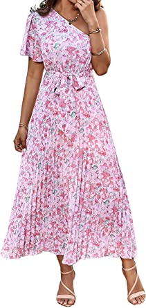 MASCOMODA Women One Shoulder Pleated Maxi Dress Summer Floral Boho Dress Short Sleeve Tie Waist A Line Party Flowy Long Dress