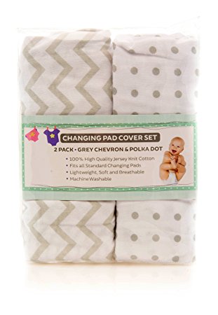 Changing Pad Cover Set | Cradle Sheet Set 100% Cotton Jersey Knit Unisex for Baby Boy and Baby Girl - 2 Pack Grey and White Chevron and Polka Dots by Ely's & Co
