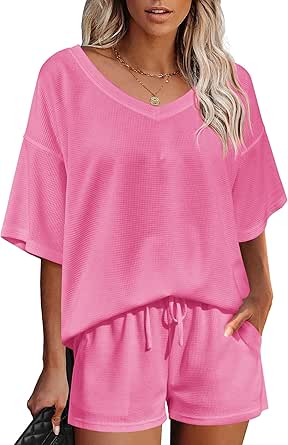 Ekouaer Womens 2 Piece Short Sleeve Waffle Knit V Neck Off Shoulder Casual Loose Fit Sweatsuit Outfits