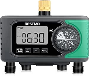 RESTMO 4-Outlet Sprinkler Timer with Brass Inlet, 4 Zone Programmable Water Timer for Garden Hose, Automatic Digital Control | Manual ON/Off | Rain Delay, for Outdoor Faucet, Drip Irrigation and Lawn