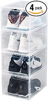 Stackable Shoe Boxes Pack of 4，Foldable Magnetic Clear Shoe Storage Box，Easy to Assemble