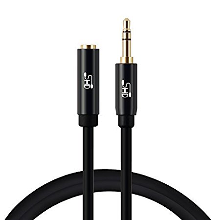 Super HD 3.5mm Aux Stereo Audio Extension Cable Male to Female Type 24K Gold Plated Step Down Design Metal Connectors with High Purity OFC Conductor Black-6Feet