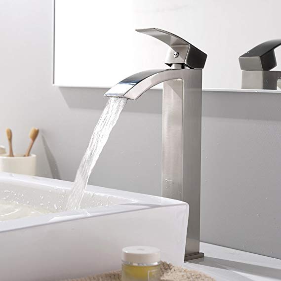 VCCUCINE Modern Commercial 12 Inch Single Handle Waterfall Tall Body Brushed Nickel Bathroom Faucet, Laundry Vanity Vessel Sink Faucet With Large Rectangular Spout