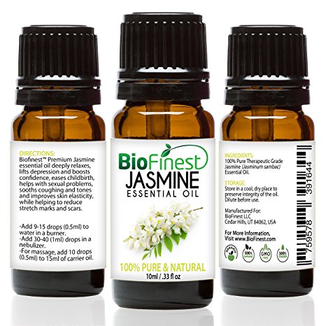 BioFinest Jasmine Essential Oil - 100% Pure Undiluted - Therapeutic Grade - Premium Quality - Best For Aromatherapy, Deep Sleep, Stretch Marks and Dry Skins - FREE E-Book (10ml)