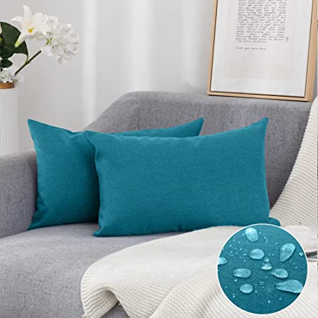 Pack of 2 Decorative Outdoor Waterproof Pillow Covers Soft Cotton Linen Garden Cushion Case for Patio Couch Sofa Home Decoration (Turquoise, 1220")