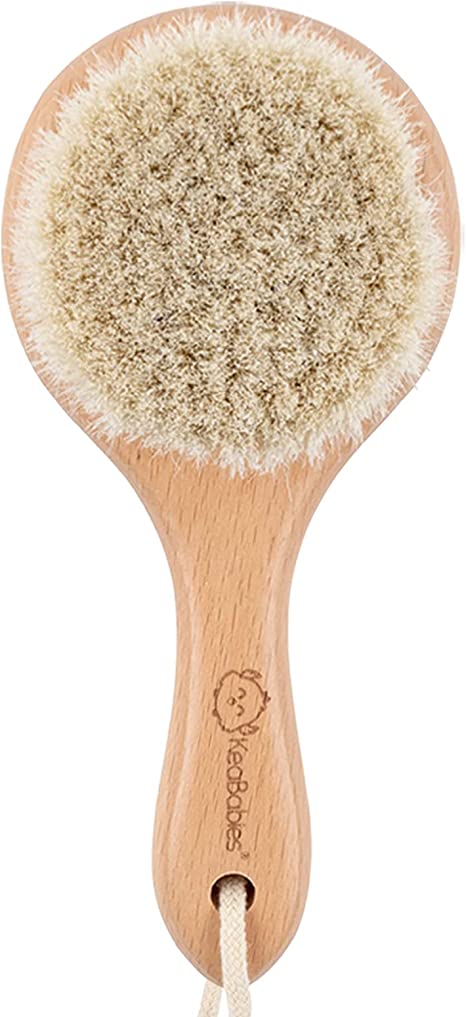 Baby Hair Brush - Baby Brush with Soft Goat Bristles - Cradle Cap Brush - Perfect Scalp Grooming Product for Infant, Toddler, Kids (Walnut, Round)