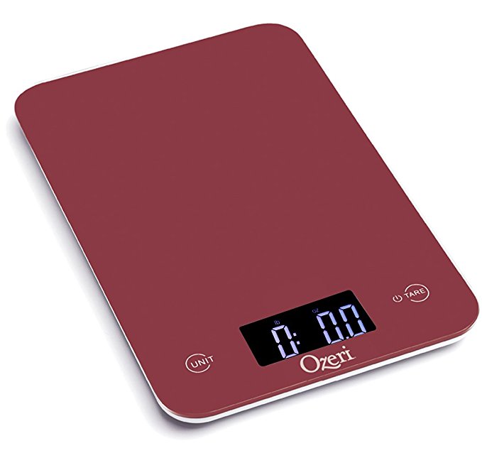 Ozeri ZK013-R Touch Professional Kitchen Scale (5.5 Kg/12 lbs Edition), Tempered Glass, Red Engine