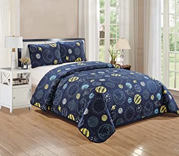Kids Zone 3pc Full/Queen Size Quilted Bedspread Universe Galaxy Solar System Navy Blue Yellow Blue
