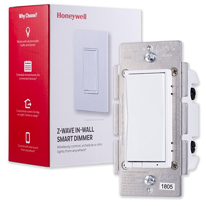 Honeywell Z-Wave Plus Smart Light Dimmer Switch, In-Wall Paddle, Interchangeable White & Almond |Built-In Repeater & Range Extender | ZWave Hub Required - SmartThings, Wink, Alexa Compatible, 39351