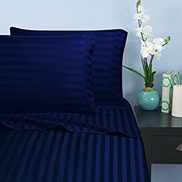 Elegant Comfort 1500 Thread Count -Damask Stripes- Egyptian Quality Luxurious Silky Soft Wrinkle & Fade Resistant 4 pc Sheet Set, Deep Pocket Up to 16" - Queen Navy