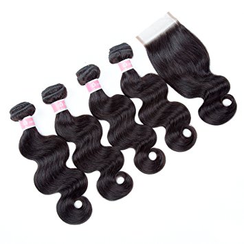 7a Grade Unprocessed Human Hair Virgin Hair Body Wave Free Part Lace Closure Brazilian Body Wave with 4 Bundles Hair Weft,12"14"16"18"with 12"