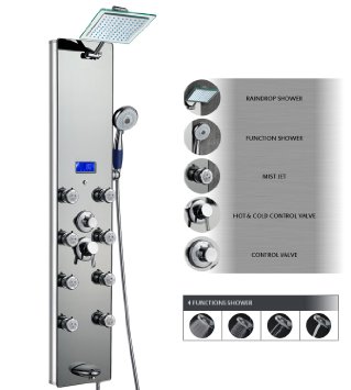 AKDY AK-787392M 52 Inch Tempered Glass Aluminum Shower Panel Az787392M Rain Style Massage System, Silver