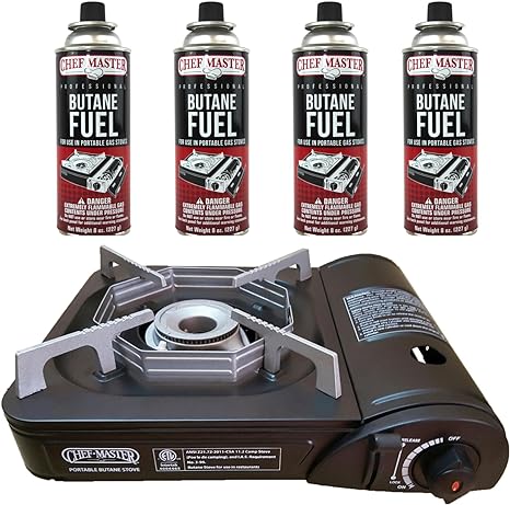 Chef Master 90027 Portable Butane Stove with 4 x Tins of Butane Fuel | Portable Gas Stove with Heavy Duty Carrying Case | No Matches Required