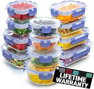 Zulay Kitchen 12 Pack Glass Meal Prep Containers with Lids - Airtight, Premium Borosilicate Glass Food Storage Containers - Microwave, Freezer & Oven Safe, BPA Free - Periwinkle