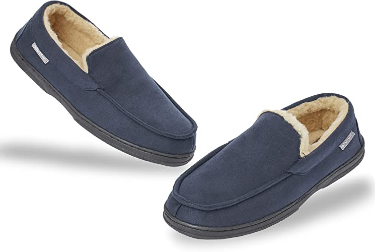 Dunlop Moccasins Slippers Men | Moccasin Loafers Faux Sheepskin Slippers with Rubber Sole - Memory Foam Plush House Slippers - Breathable Indoor Outdoor Shoes - Gifts for Men