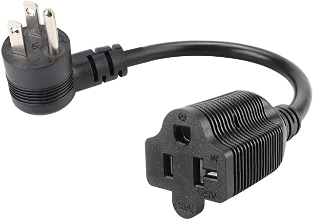 PluGrand 1-Foot Left Angle 15 Amp Household AC Plug to 20 Amp T Blade Adapter Cable，14AWG 1-Foot 20 to 15 Amp Adapter Cord Nema 5-15P to 5-15R/5-20R 20Amp Comb AC Power Cord,15a to 20a Adapter Black