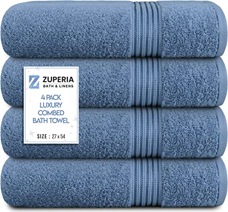 Zuperia Bath Towels 27" x 54" Set of 4 Ultra Soft 600 GSM 100% Combed Cotton Large Towels for Bathroom, Highly Absorbent Daily Usage Bath Towel Set Ideal for Pool, Home, Gym, Spa, Hotel (Blue)